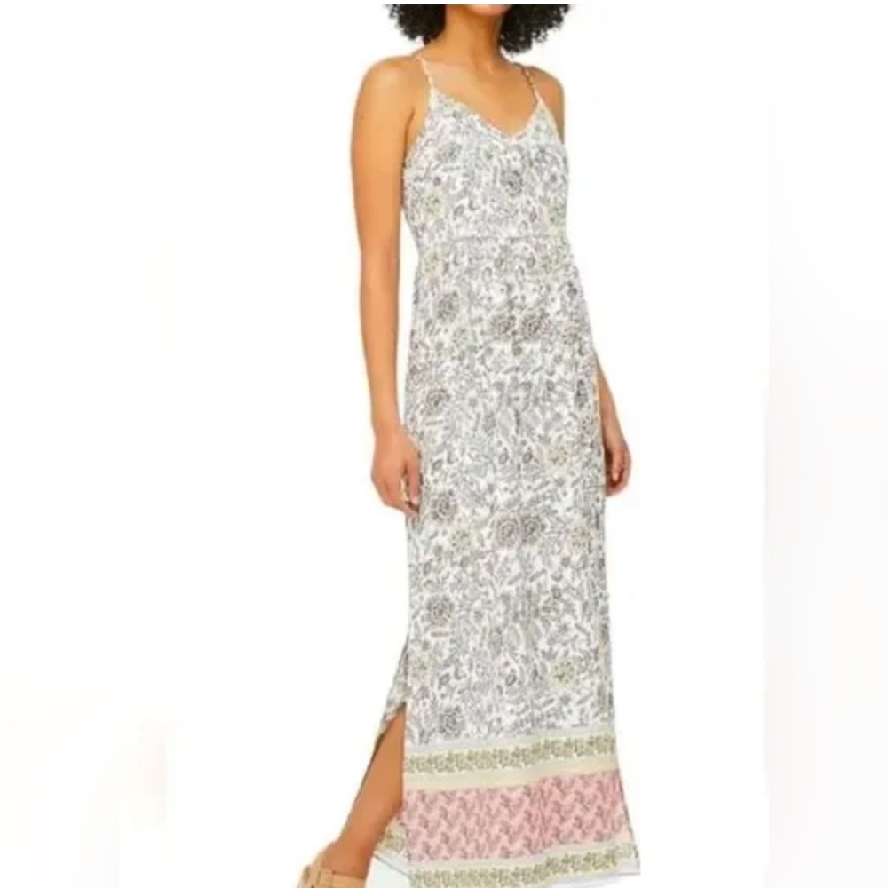 LOFT White Paisley Maxi Dress with Pink Hem and Green Trim